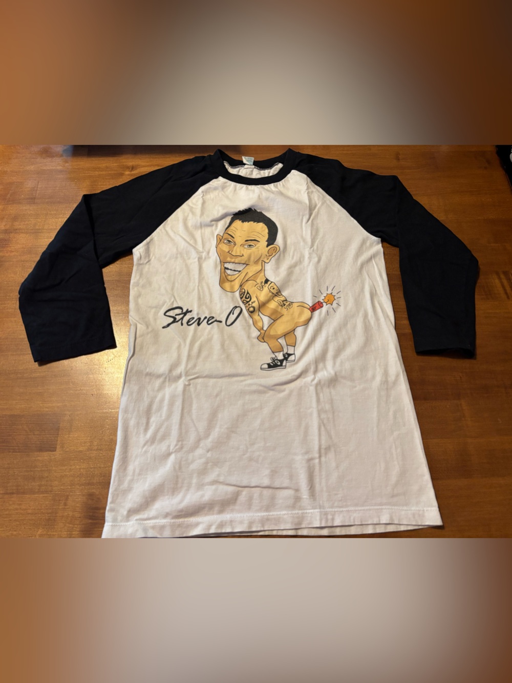 Pacific Steve O Graphic Raglan Baseball Tee - White & Black 3/4sleeve with sign